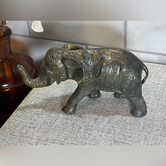 Vintage Cast Metal Black Gold Bronze Elephant Trunk Up Signed by Artist M - Picture 2 of 13